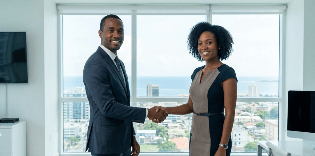 RMAS The Path to Excellence Two Caribbean real estate professionals shaking hands in a modern office with a panoramic cityscape view.